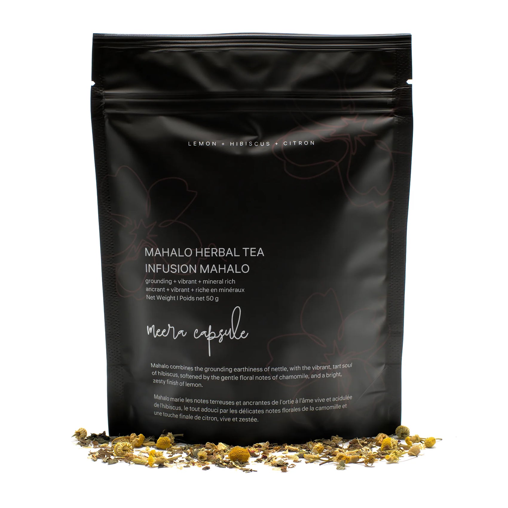 Mahalo Herbal Tea by Meera Capsule — caffeine-free organic herbal blend in matte black tin