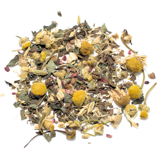 Mahalo Herbal Tea ritual scene — loose-leaf organic herbal blend by Meera Capsule