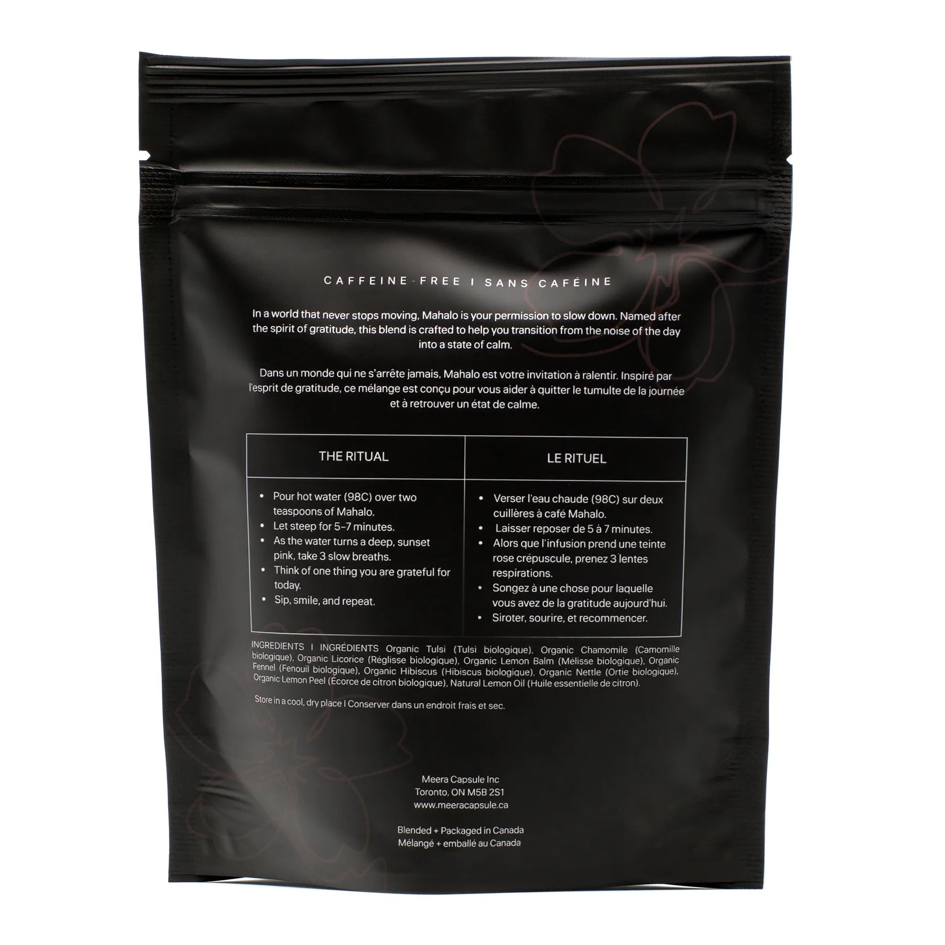 Mahalo Herbal Tea matte black pouch — caffeine-free organic herbal blend, Meera Capsule lifestyle