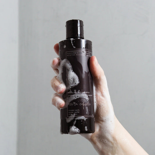 Rebalancing Shampoo bottle detail — SLS-free clarifying shampoo